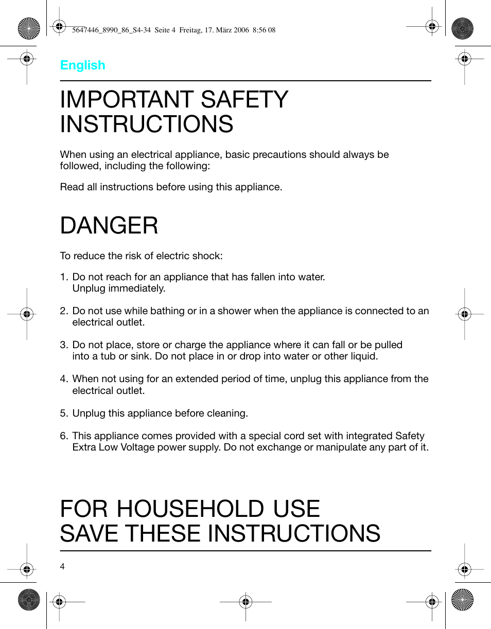 Important safety instructions, Danger, For household use save these instructions | Braun 8985 360°Complete User Manual | Page 4 / 34