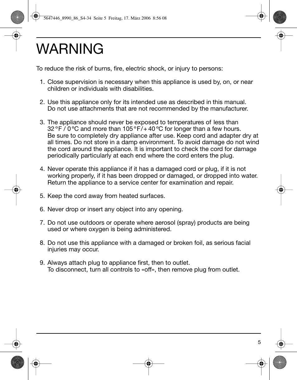 Warning | Braun 8985 360°Complete User Manual | Page 5 / 34