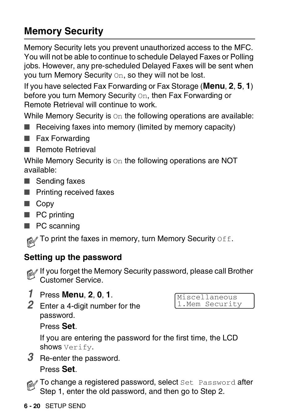 Memory security, Setting up the password, Memory security -20 | Setting up the password -20 | Brother MFC 8220 User Manual | Page 102 / 203