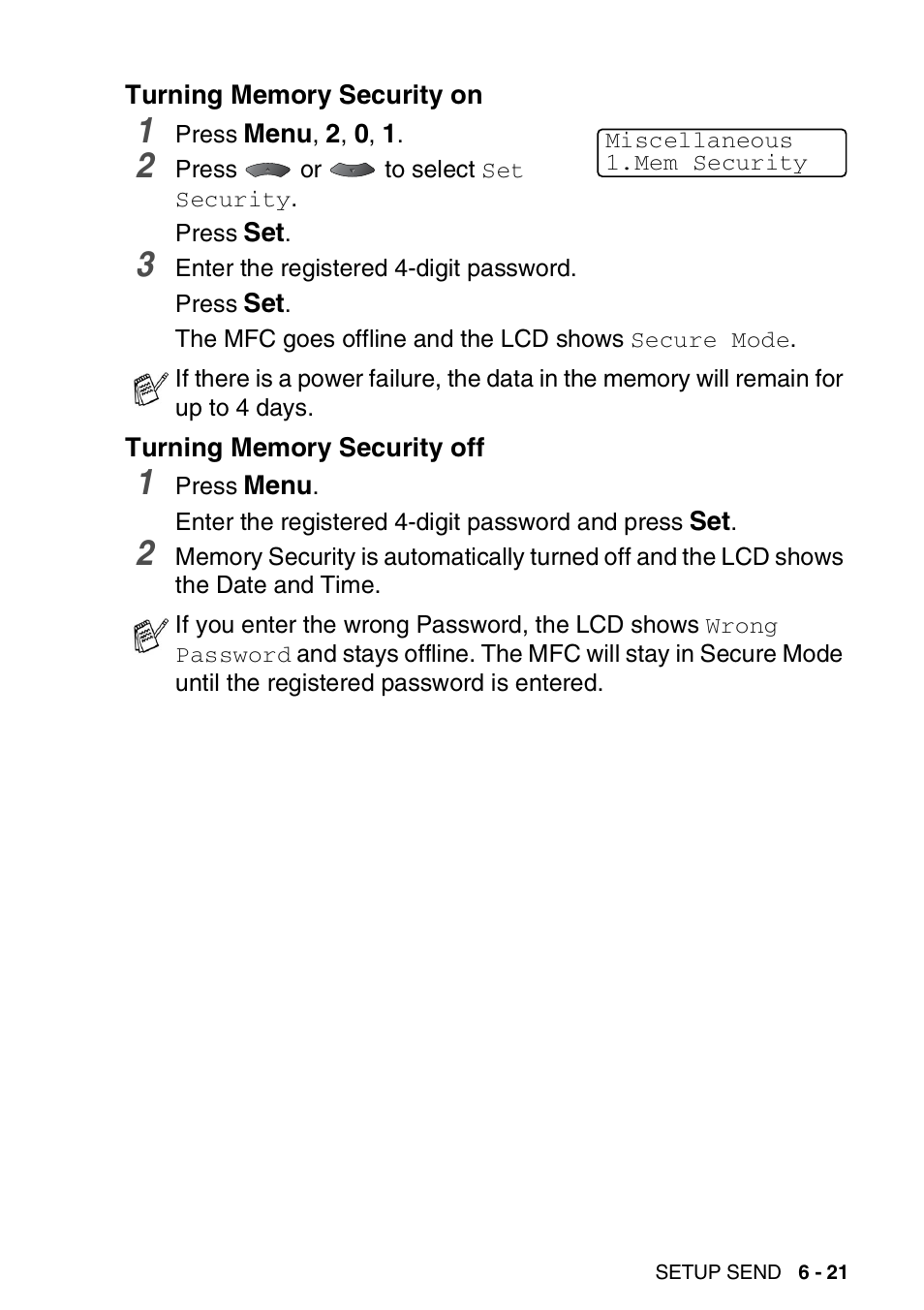 Turning memory security on, Turning memory security off | Brother MFC 8220 User Manual | Page 103 / 203