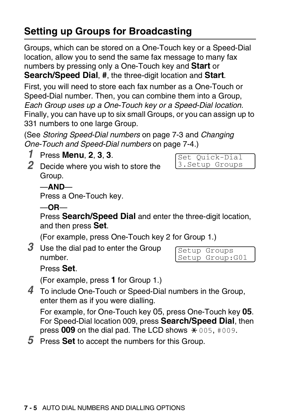 Setting up groups for broadcasting, Setting up groups for broadcasting -5 | Brother MFC 8220 User Manual | Page 108 / 203