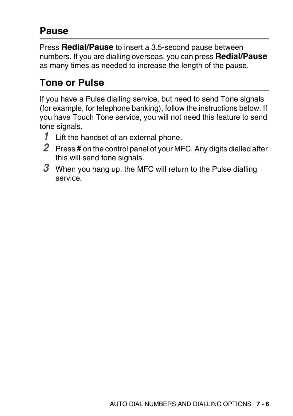 Pause, Tone or pulse, Pause -8 tone or pulse -8 | Brother MFC 8220 User Manual | Page 111 / 203
