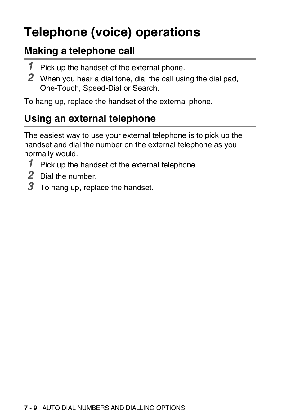 Telephone (voice) operations, Making a telephone call, Using an external telephone | Telephone (voice) operations -9 | Brother MFC 8220 User Manual | Page 112 / 203