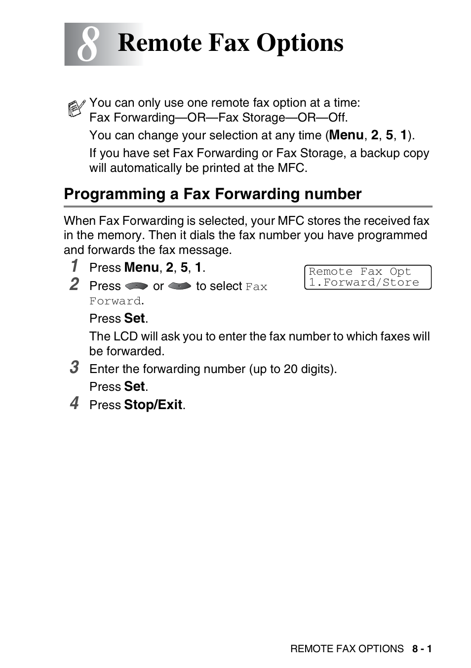 8 remote fax options, Programming a fax forwarding number, Remote fax options -1 | Programming a fax forwarding number -1, Remote fax options | Brother MFC 8220 User Manual | Page 113 / 203