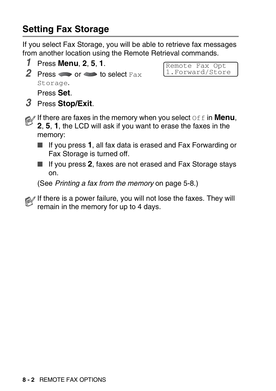 Setting fax storage, Setting fax storage -2 | Brother MFC 8220 User Manual | Page 114 / 203