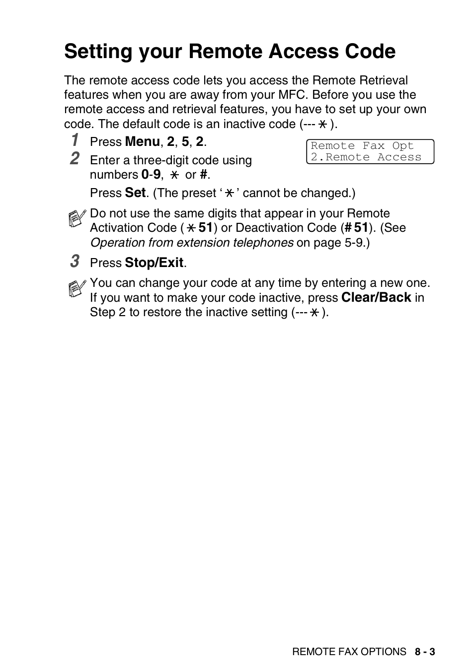 Setting your remote access code, Setting your remote access code -3 | Brother MFC 8220 User Manual | Page 115 / 203