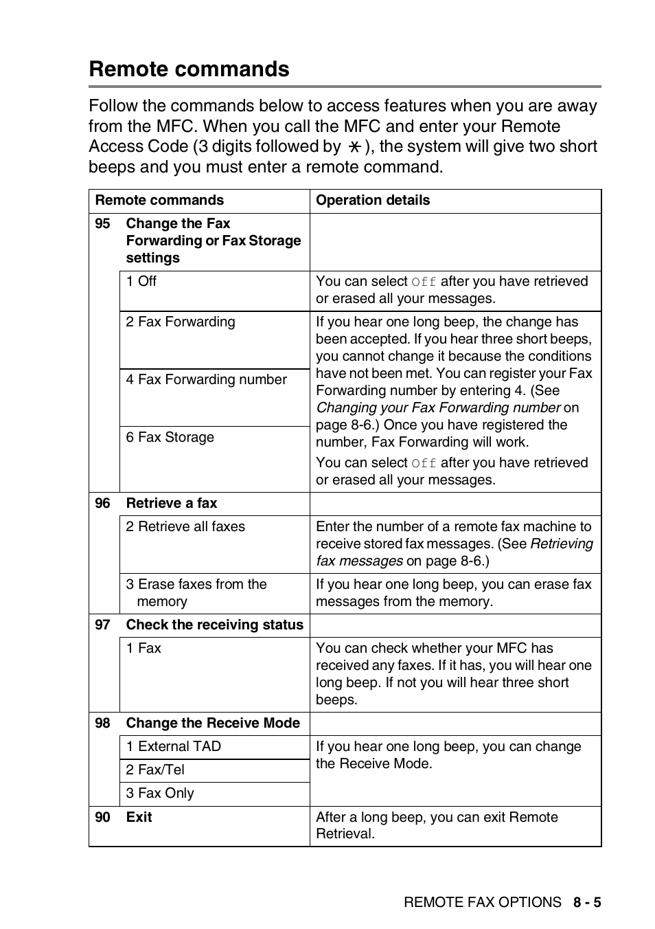 Remote commands, Remote commands -5 | Brother MFC 8220 User Manual | Page 117 / 203