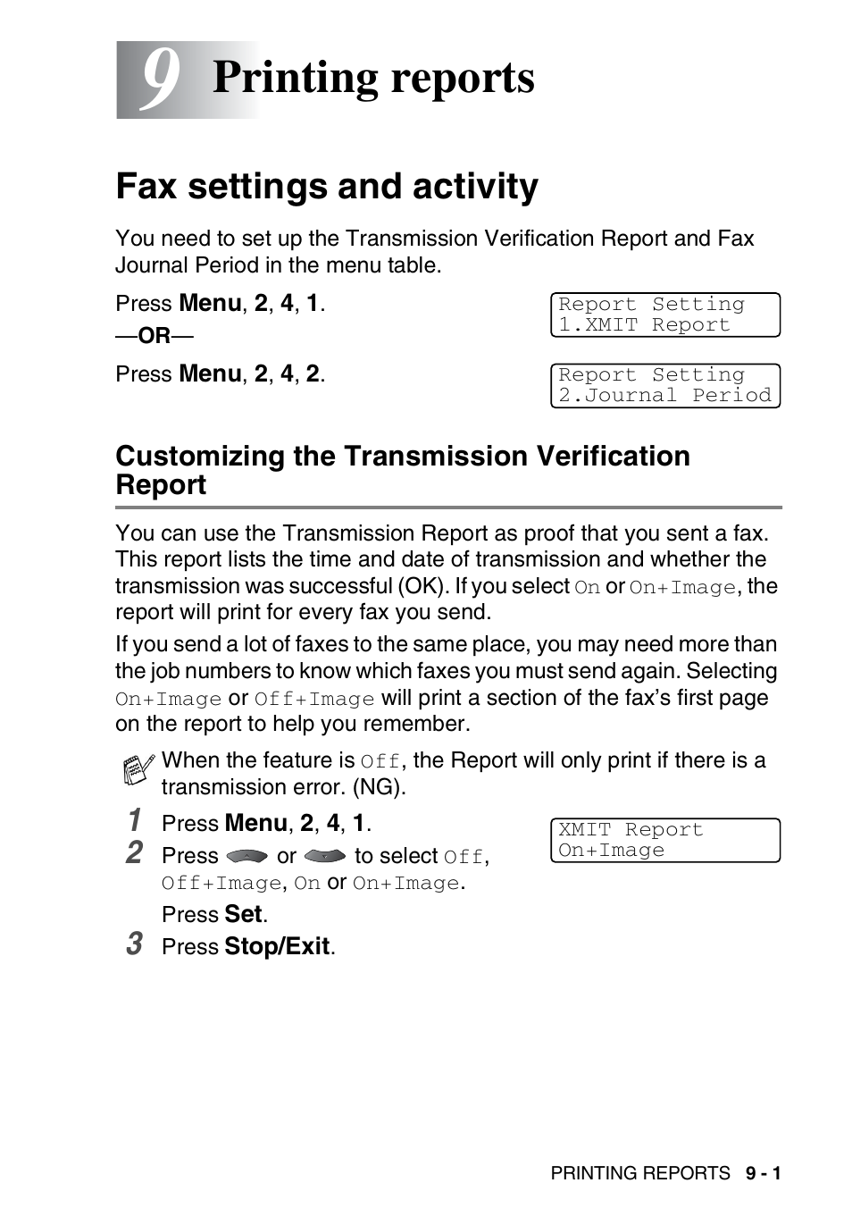 9 printing reports, Fax settings and activity, Customizing the transmission verification report | Printing reports -1, Fax settings and activity -1, Printing reports | Brother MFC 8220 User Manual | Page 119 / 203