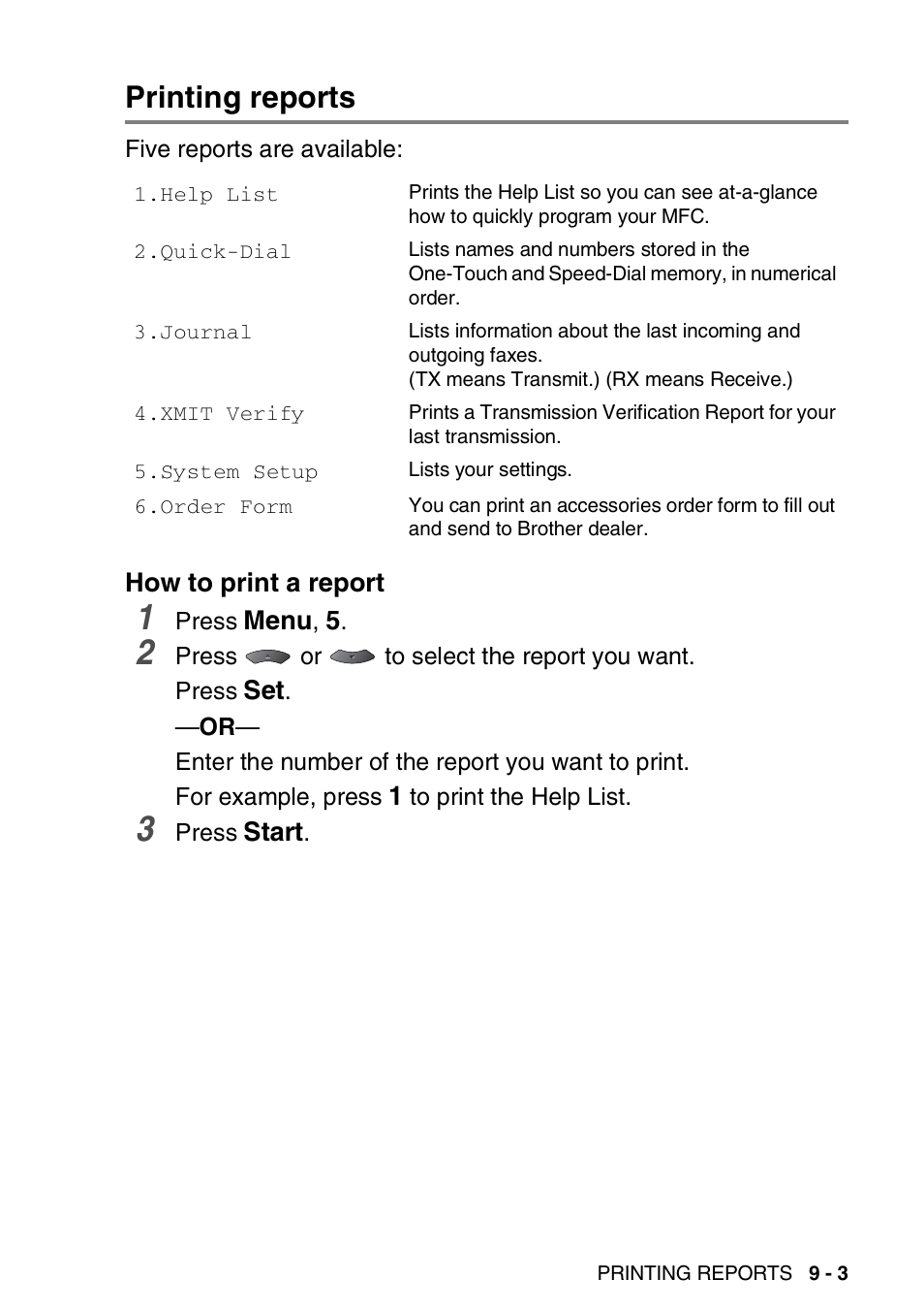 Printing reports, How to print a report, Printing reports -3 | How to print a report -3 | Brother MFC 8220 User Manual | Page 121 / 203