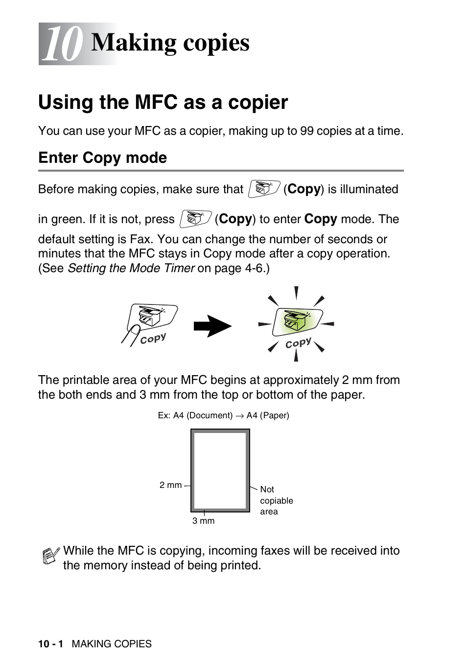 10 making copies, Using the mfc as a copier, Enter copy mode | Making copies -1, Using the mfc as a copier -1, Enter copy mode -1, Making copies | Brother MFC 8220 User Manual | Page 122 / 203