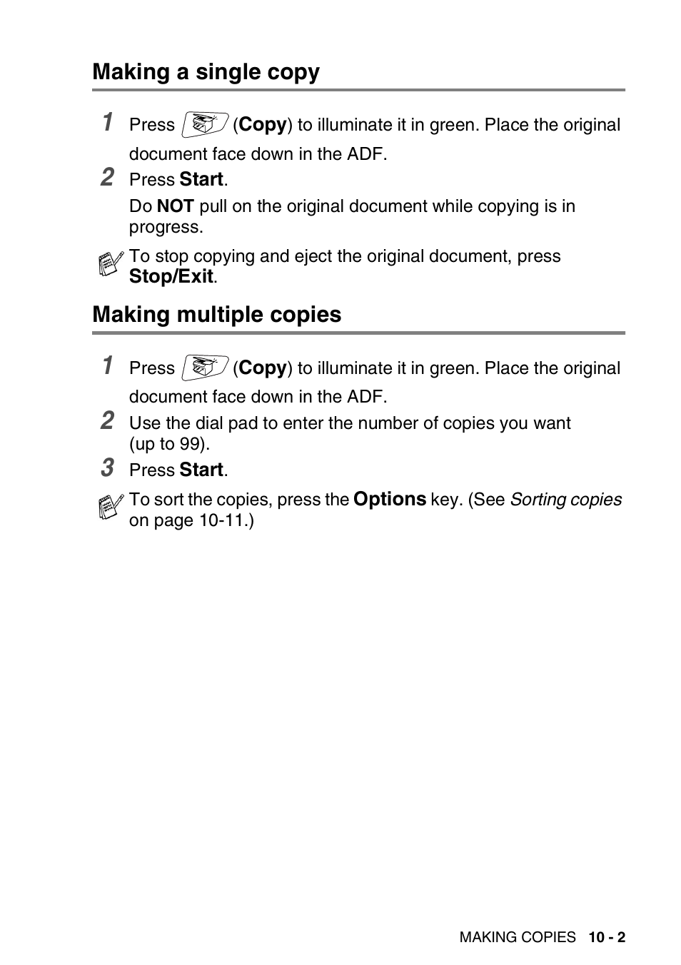 Making a single copy, Making multiple copies, Making a single copy -2 making multiple copies -2 | Brother MFC 8220 User Manual | Page 123 / 203