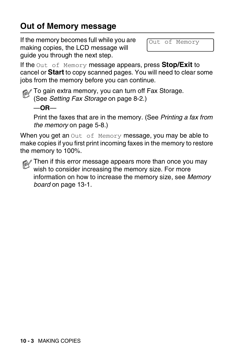 Out of memory message, Out of memory message -3 | Brother MFC 8220 User Manual | Page 124 / 203