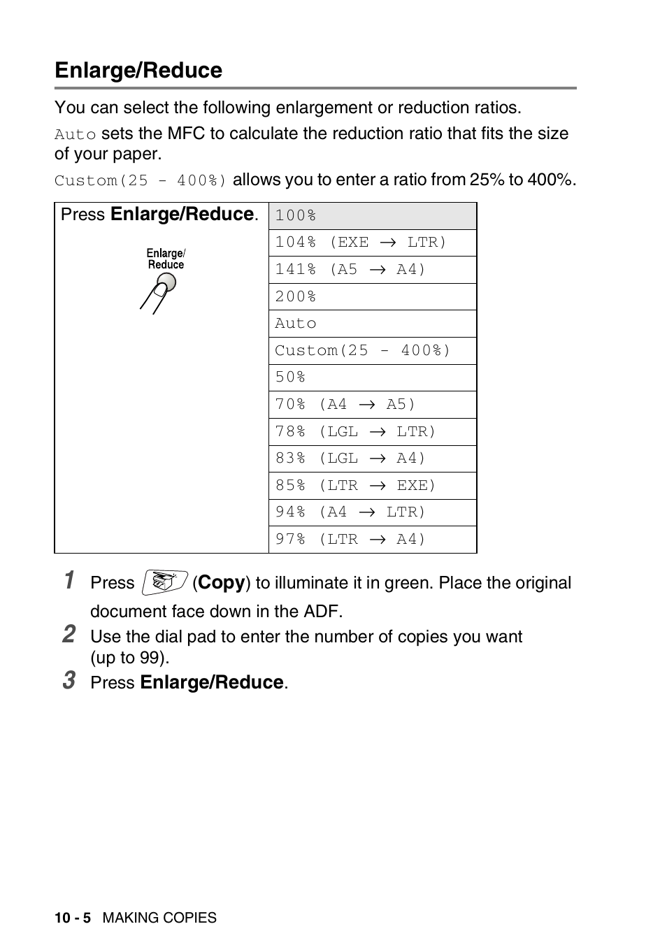 Enlarge/reduce, Enlarge/reduce -5 | Brother MFC 8220 User Manual | Page 126 / 203