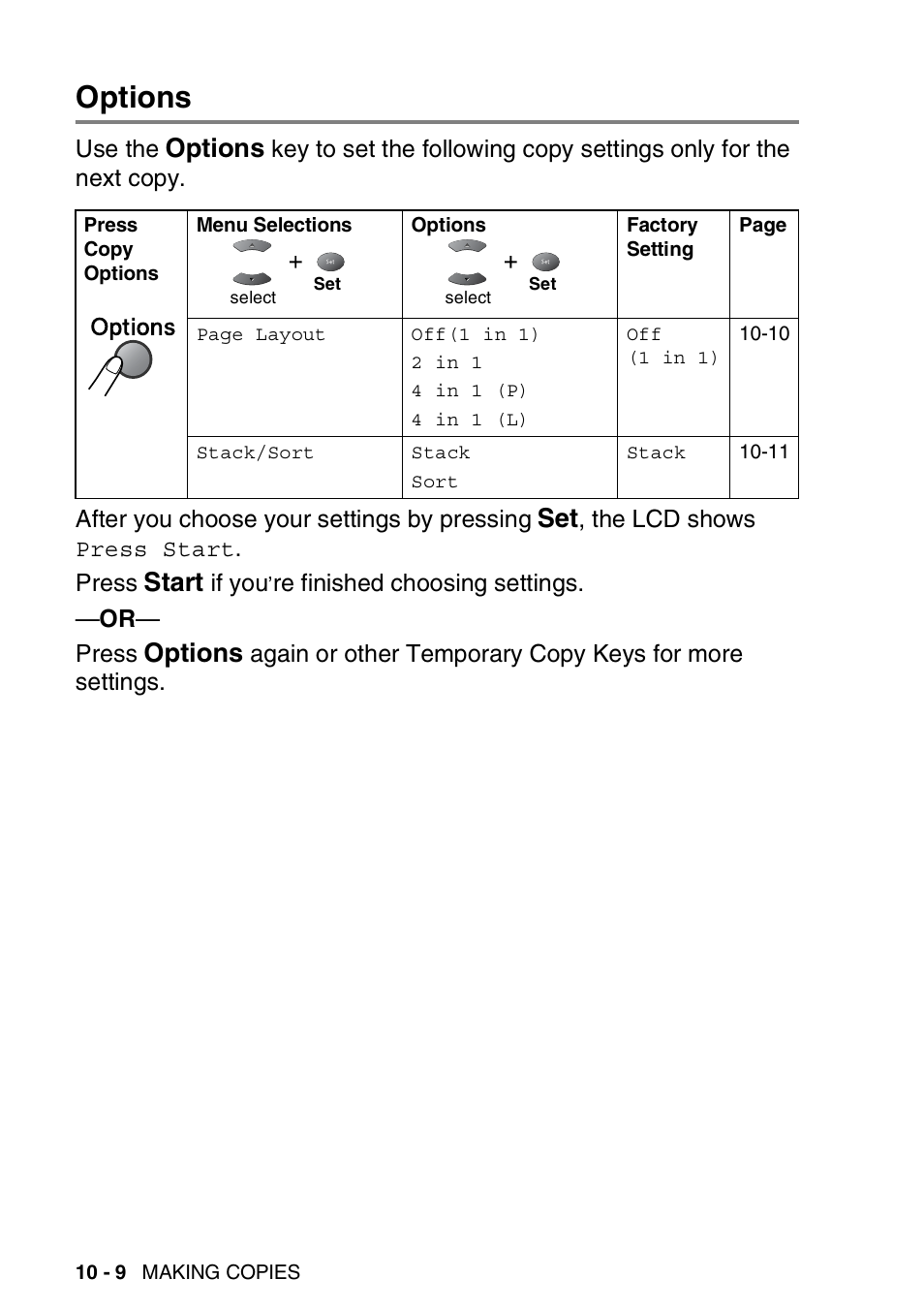 Options, Options -9, Start | Brother MFC 8220 User Manual | Page 130 / 203