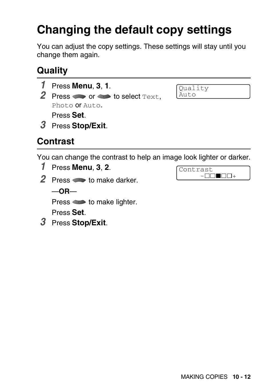 Changing the default copy settings, Quality, Contrast | Changing the default copy settings -12, Quality -12 contrast -12 | Brother MFC 8220 User Manual | Page 133 / 203