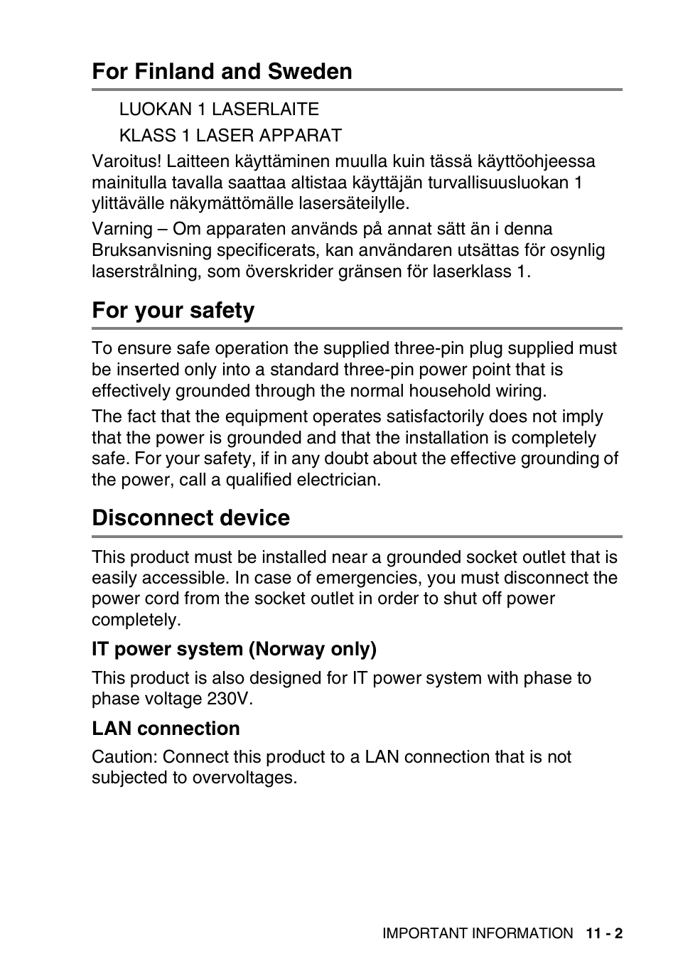 For finland and sweden, For your safety, Disconnect device | It power system (norway only), Lan connection, It power system (norway only) -2 lan connection -2 | Brother MFC 8220 User Manual | Page 135 / 203