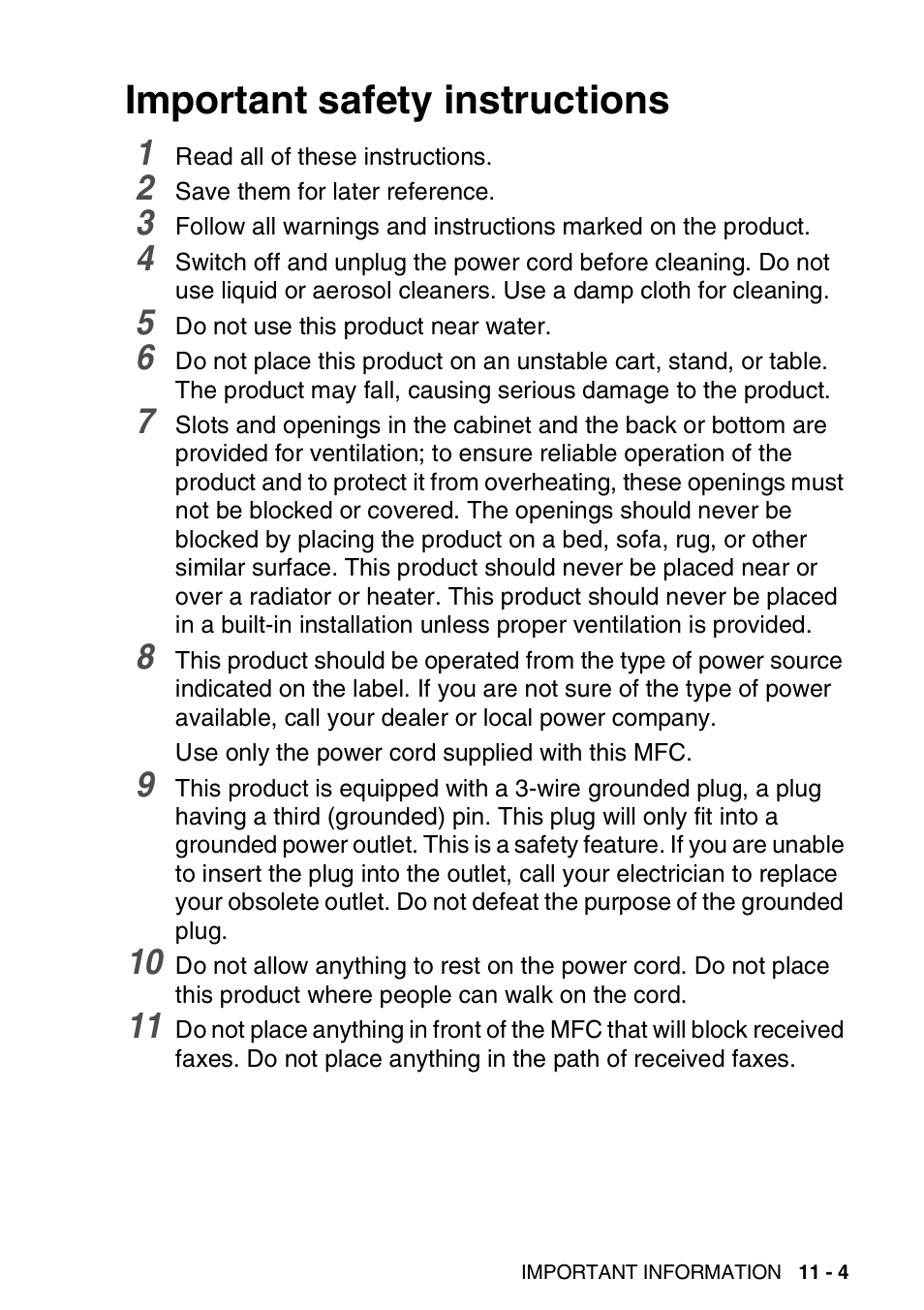 Important safety instructions, Important safety instructions -4 | Brother MFC 8220 User Manual | Page 137 / 203