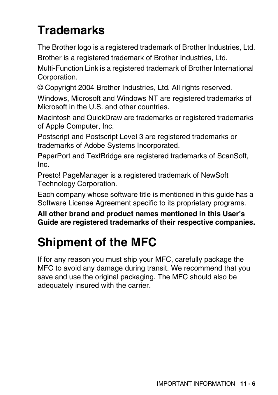Trademarks, Shipment of the mfc, Trademarks -6 shipment of the mfc -6 | Brother MFC 8220 User Manual | Page 139 / 203