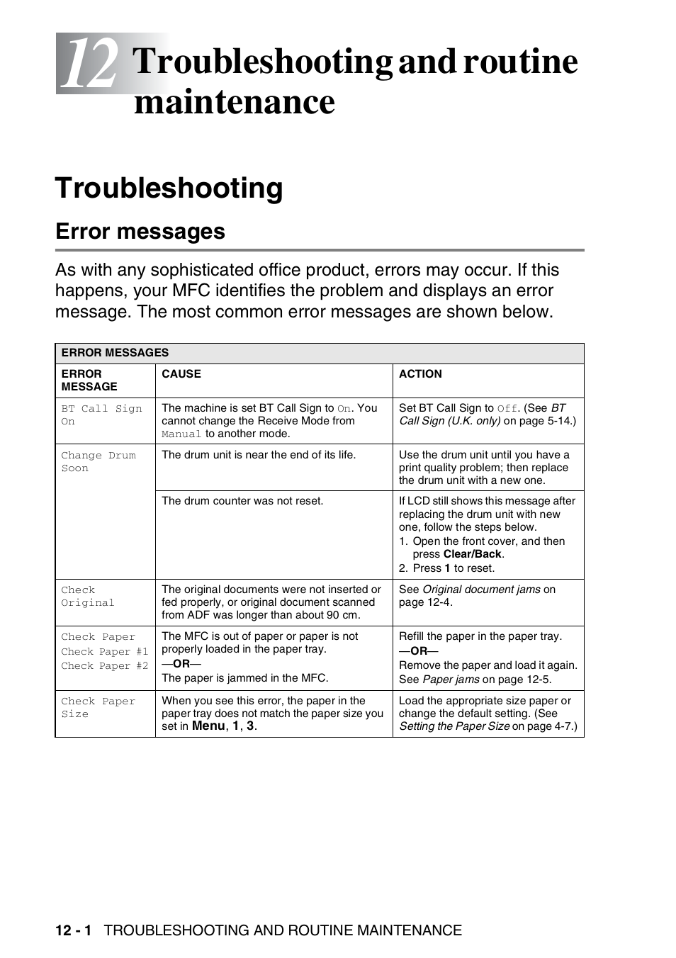 12 troubleshooting and routine maintenance, Troubleshooting, Error messages | Troubleshooting and routine maintenance -1, Troubleshooting -1, Error messages -1, Troubleshooting and routine maintenance | Brother MFC 8220 User Manual | Page 140 / 203