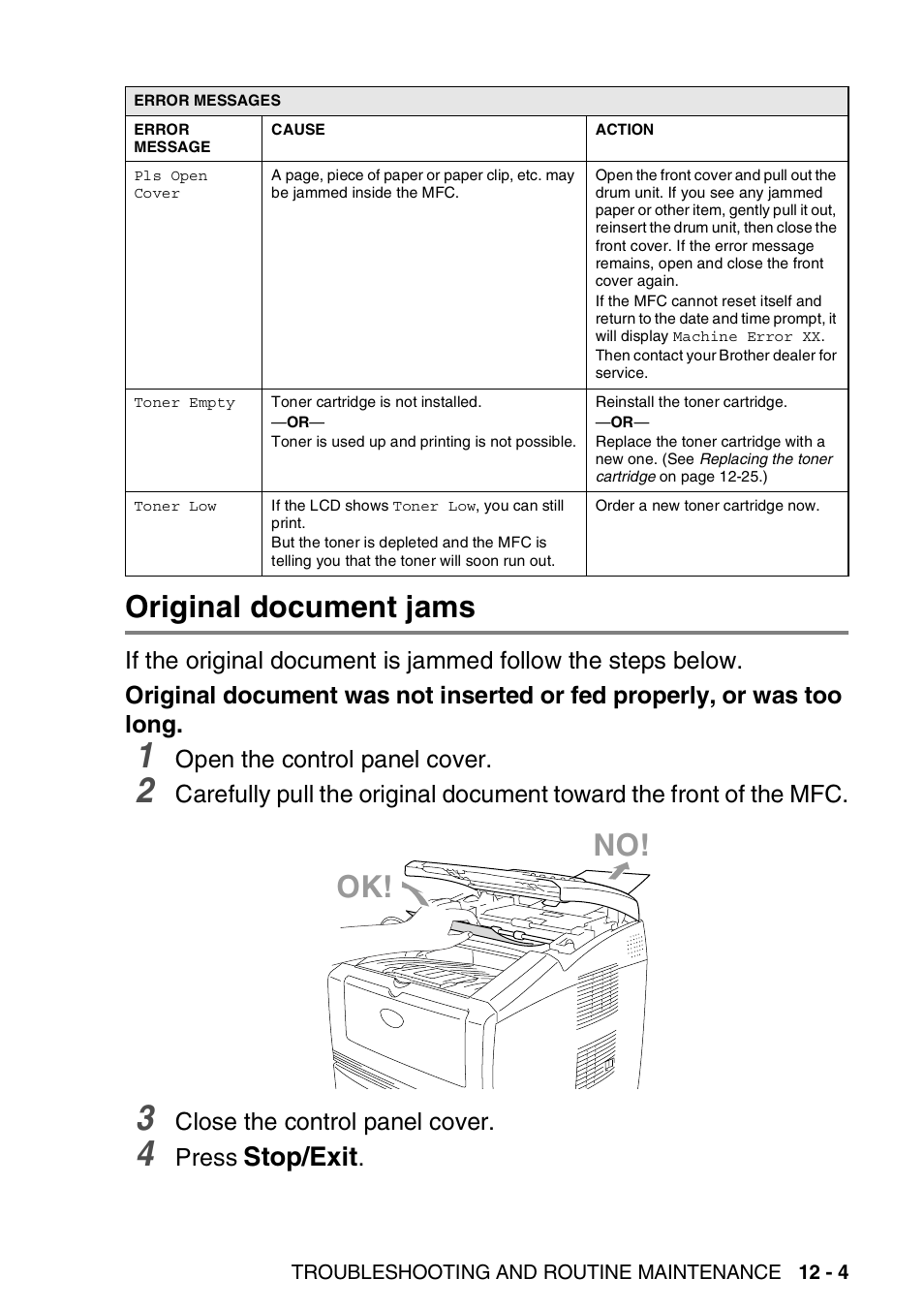 Original document jams, Original document jams -4, No! ok | Stop/exit | Brother MFC 8220 User Manual | Page 143 / 203