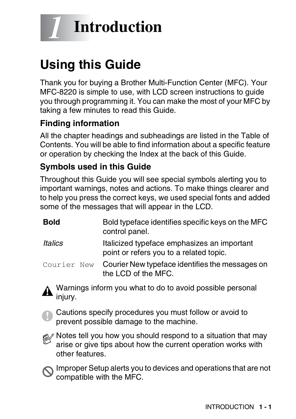 1 introduction, Using this guide, Finding information | Symbols used in this guide, Introduction -1, Using this guide -1, Introduction | Brother MFC 8220 User Manual | Page 15 / 203