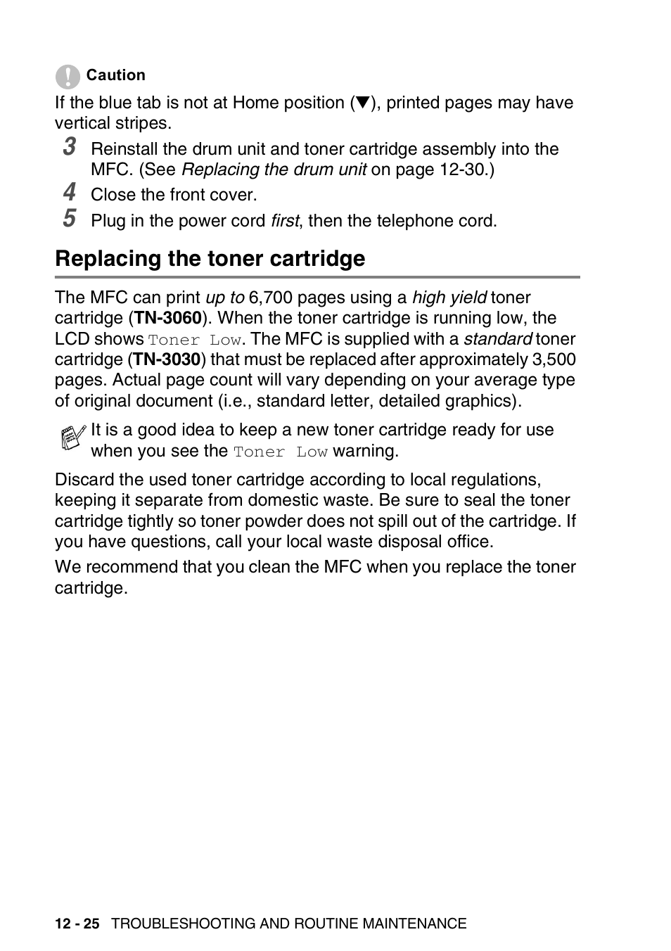 Replacing the toner cartridge, Replacing the toner cartridge -25 | Brother MFC 8220 User Manual | Page 164 / 203