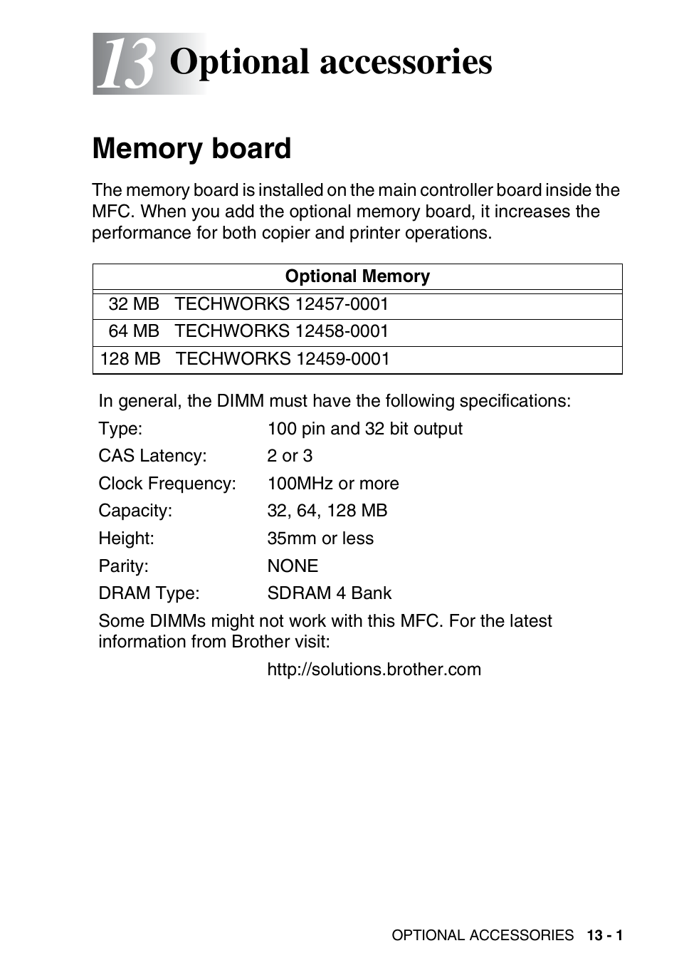 13 optional accessories, Memory board, Optional accessories -1 | Memory board -1, Optional accessories | Brother MFC 8220 User Manual | Page 173 / 203