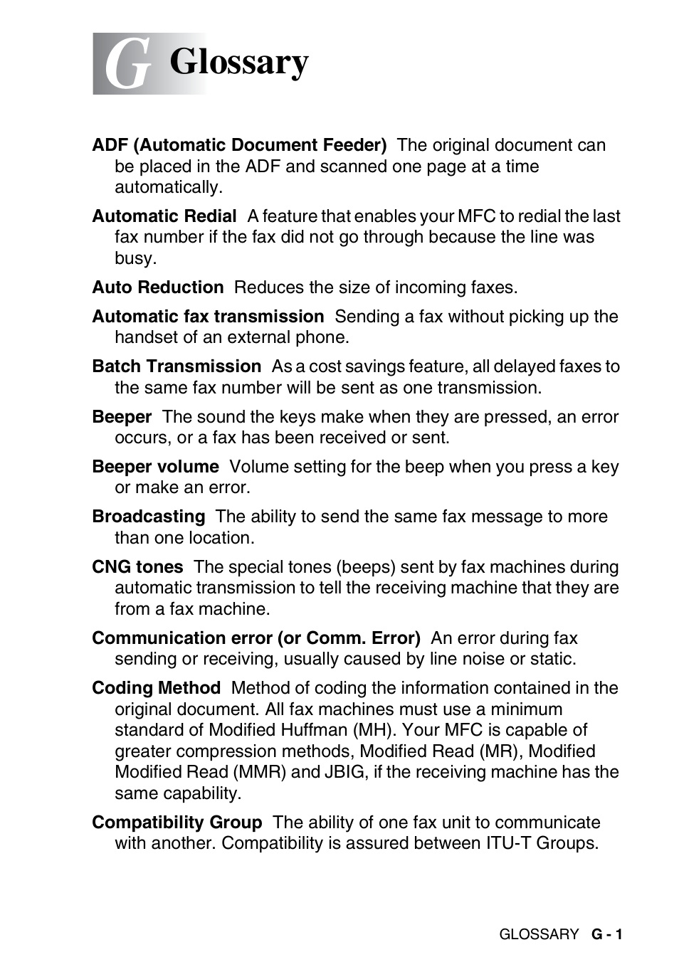Glossary | Brother MFC 8220 User Manual | Page 183 / 203