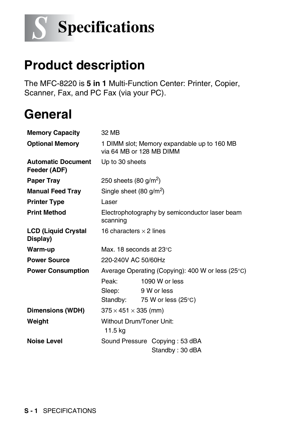 Specifications, Product description, General | Brother MFC 8220 User Manual | Page 188 / 203