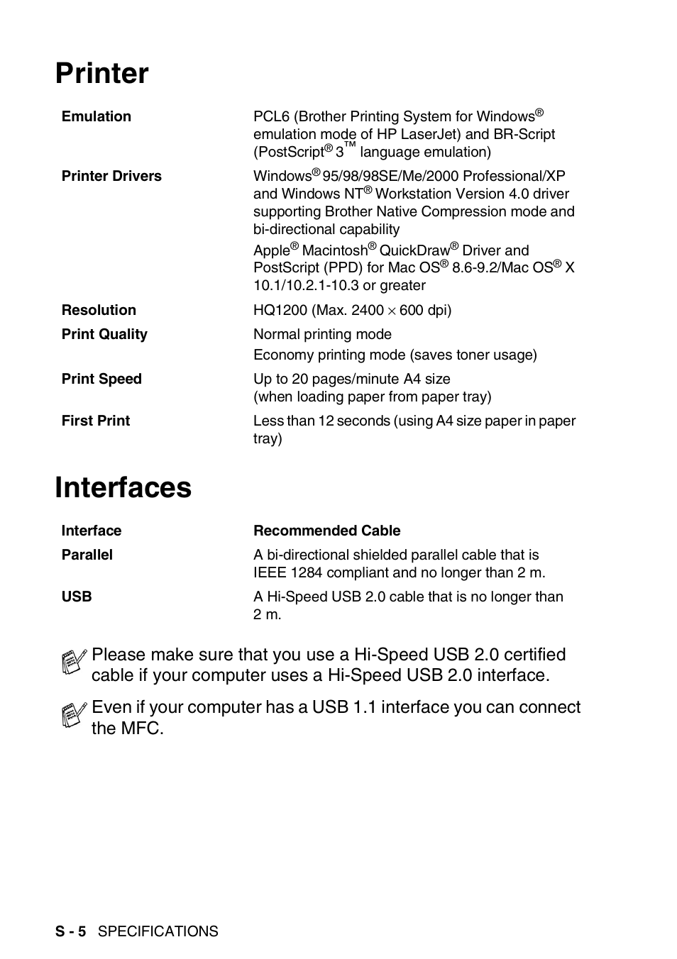 Printer, Interfaces, Printer interfaces | Brother MFC 8220 User Manual | Page 192 / 203