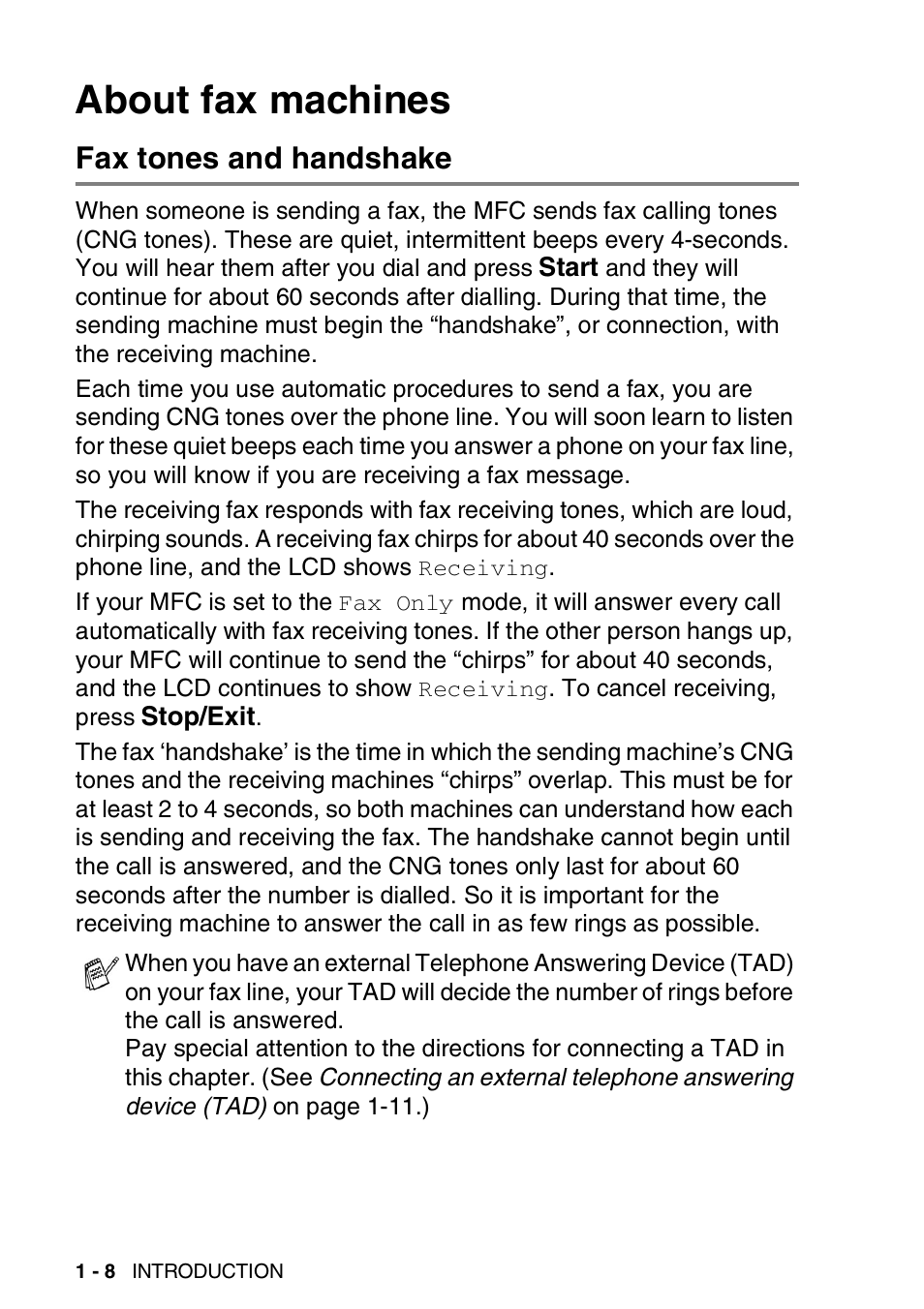 About fax machines, Fax tones and handshake, About fax machines -8 | Fax tones and handshake -8 | Brother MFC 8220 User Manual | Page 22 / 203