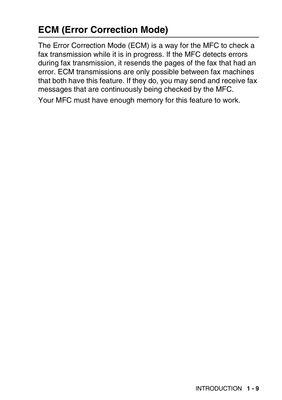 Ecm (error correction mode), Ecm (error correction mode) -9 | Brother MFC 8220 User Manual | Page 23 / 203