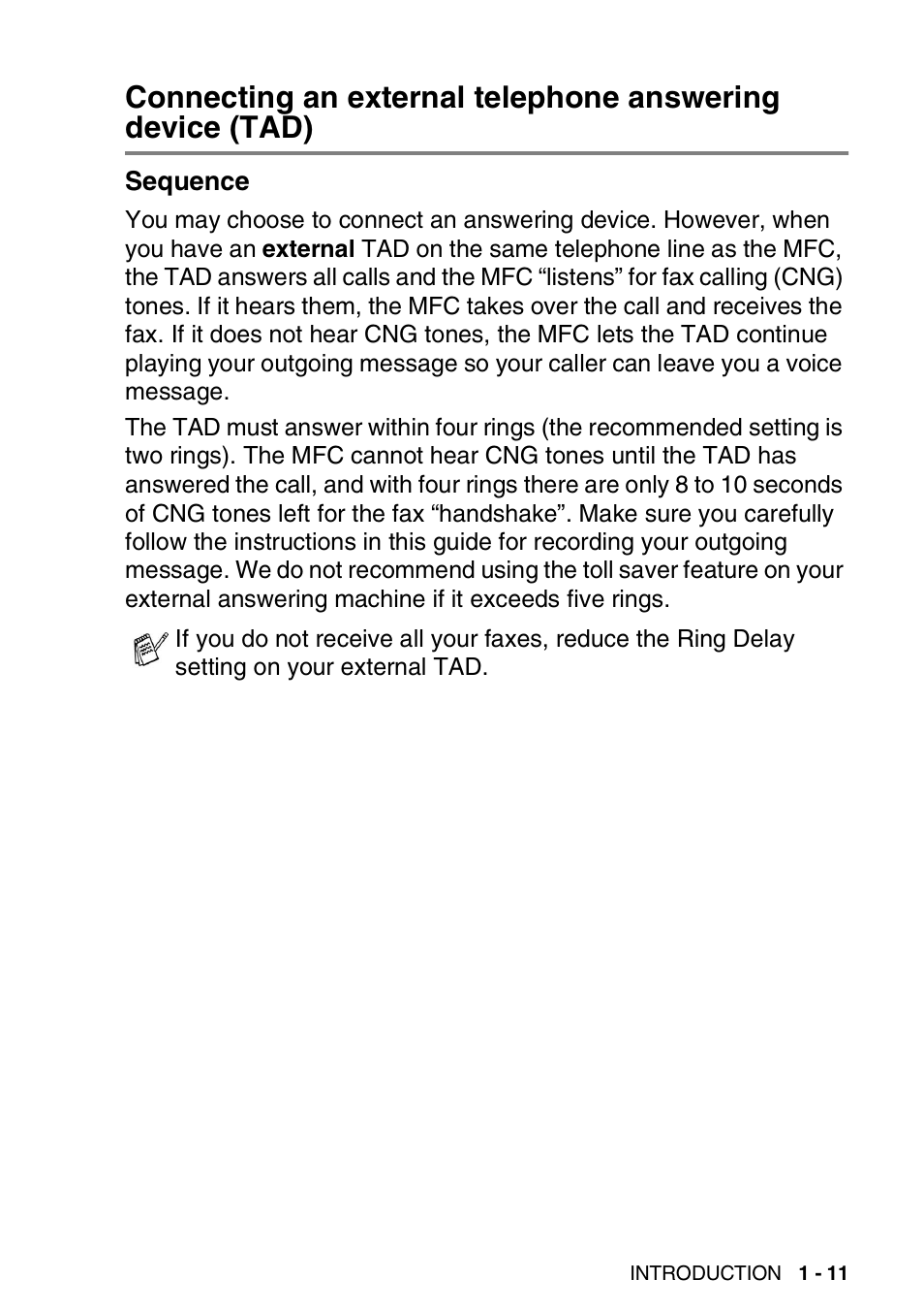 Sequence, Connecting an external telephone answering, Device (tad) -11 sequence -11 | Brother MFC 8220 User Manual | Page 25 / 203