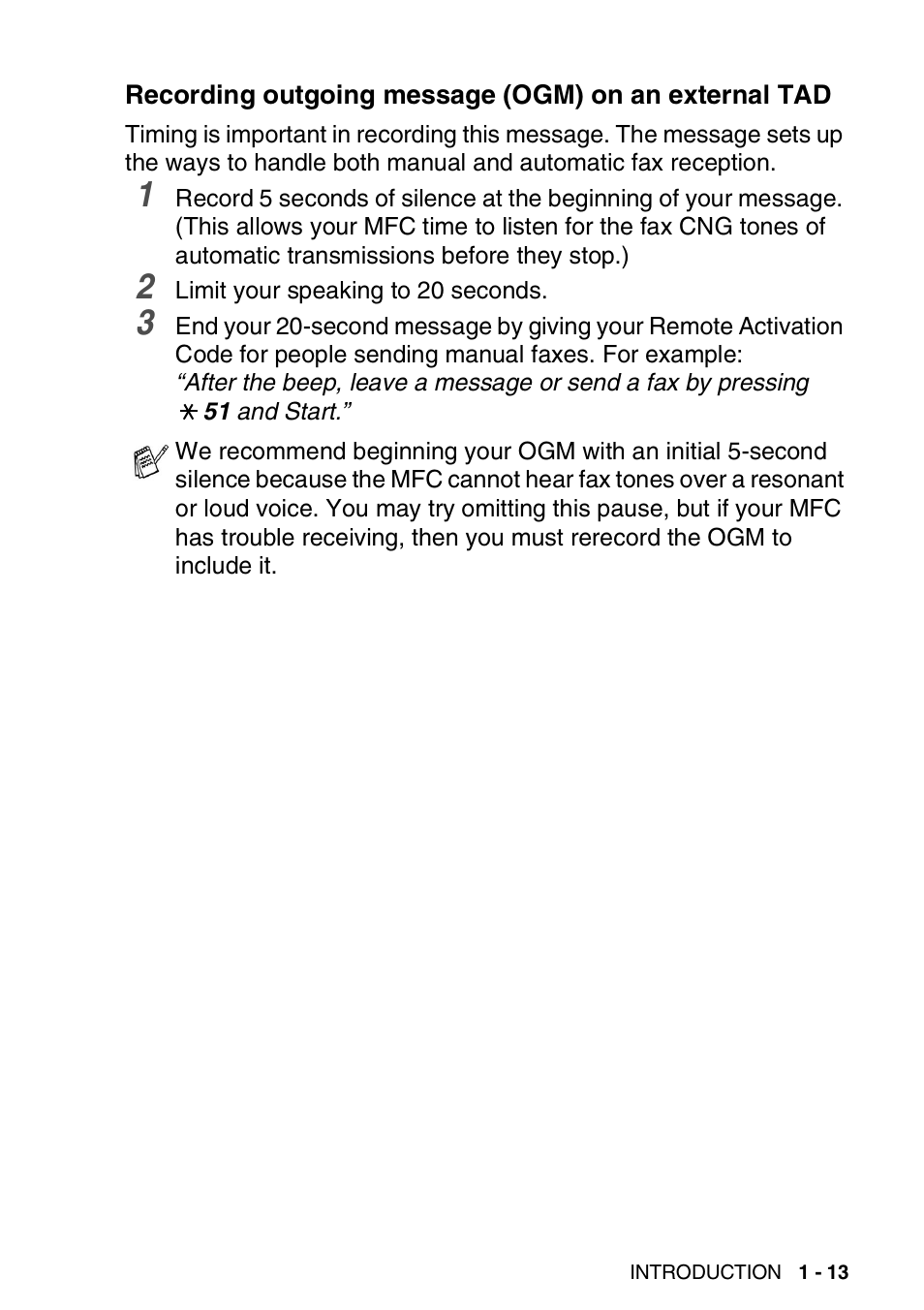 Recording outgoing message (ogm) on, An external tad -13 | Brother MFC 8220 User Manual | Page 27 / 203