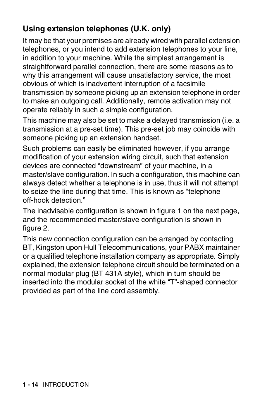 Using extension telephones (u.k. only), Using extension telephones (u.k. only) -14 | Brother MFC 8220 User Manual | Page 28 / 203
