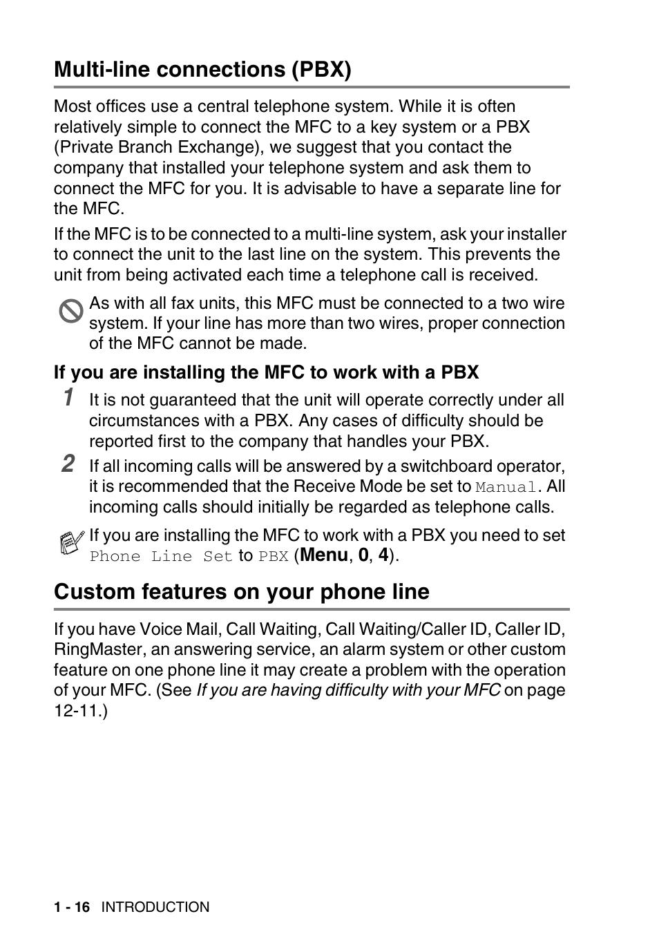 Multi-line connections (pbx), If you are installing the mfc to work with a pbx, Custom features on your phone line | Multi-line connections (pbx) -16, If you are installing the mfc to work, With a pbx -16, Custom features on your phone line -16 | Brother MFC 8220 User Manual | Page 30 / 203