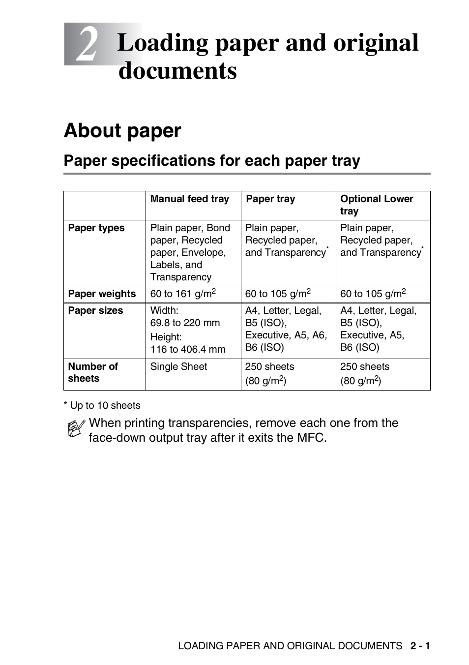 2 loading paper and original documents, About paper, Paper specifications for each paper tray | Loading paper and original documents -1, About paper -1, Paper specifications for each paper tray -1, Loading paper and original documents | Brother MFC 8220 User Manual | Page 31 / 203