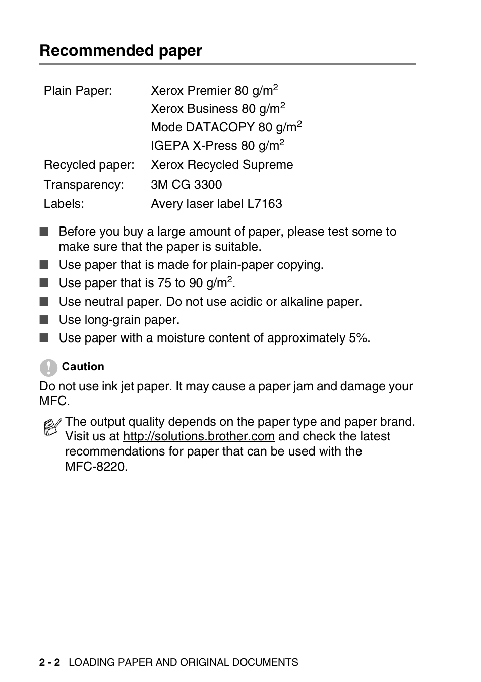Recommended paper, Recommended paper -2 | Brother MFC 8220 User Manual | Page 32 / 203