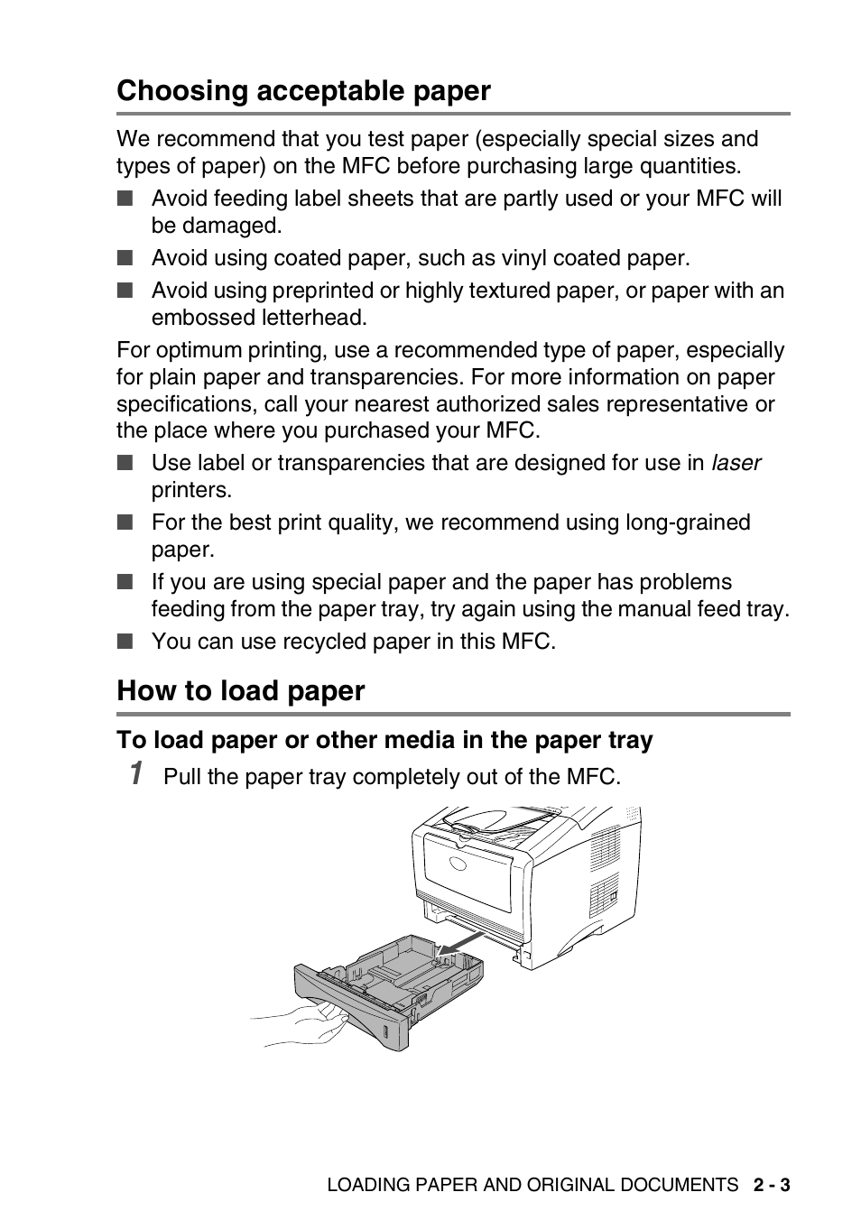Choosing acceptable paper, How to load paper, To load paper or other media in the paper tray | Choosing acceptable paper -3 how to load paper -3, To load paper or other media in the paper tray -3 | Brother MFC 8220 User Manual | Page 33 / 203