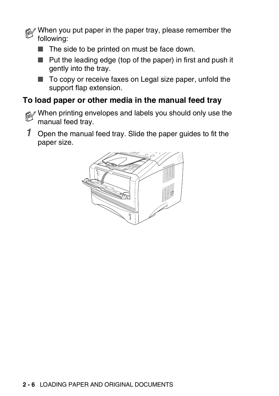 To load paper or other media in the manual, Feed tray -6 | Brother MFC 8220 User Manual | Page 36 / 203