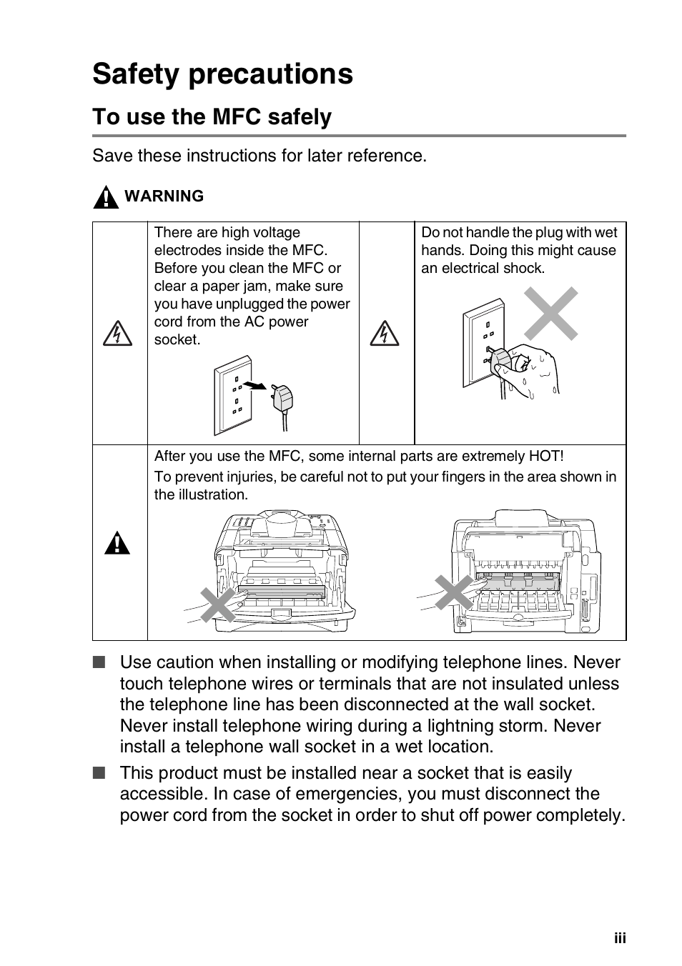 Safety precautions, To use the mfc safely | Brother MFC 8220 User Manual | Page 4 / 203