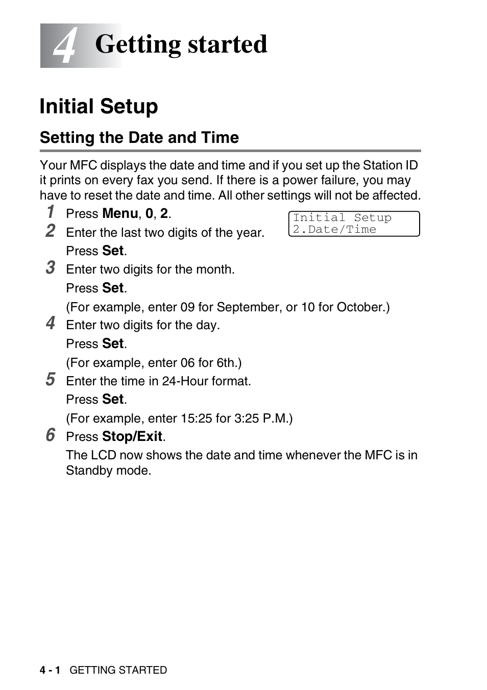 4 getting started, Initial setup, Setting the date and time | Getting started -1, Initial setup -1, Setting the date and time -1, Getting started | Brother MFC 8220 User Manual | Page 56 / 203