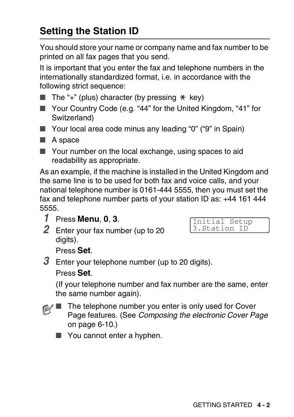 Setting the station id, Setting the station id -2 | Brother MFC 8220 User Manual | Page 57 / 203