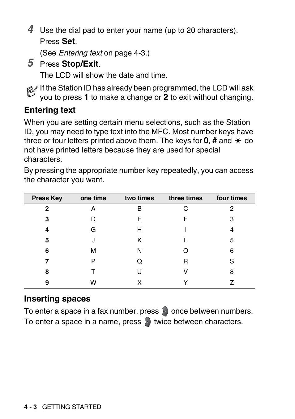 Entering text, Inserting spaces, Entering text -3 inserting spaces -3 | Stop/exit | Brother MFC 8220 User Manual | Page 58 / 203