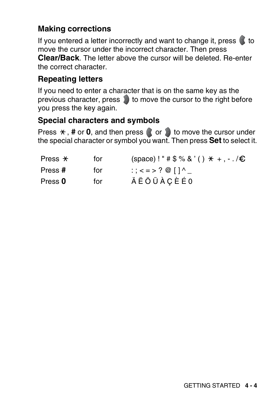 Making corrections, Repeating letters, Special characters and symbols | Brother MFC 8220 User Manual | Page 59 / 203