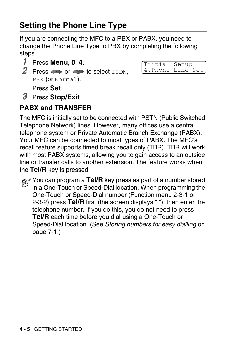 Setting the phone line type, Pabx and transfer, Setting the phone line type -5 | Pabx and transfer -5 | Brother MFC 8220 User Manual | Page 60 / 203