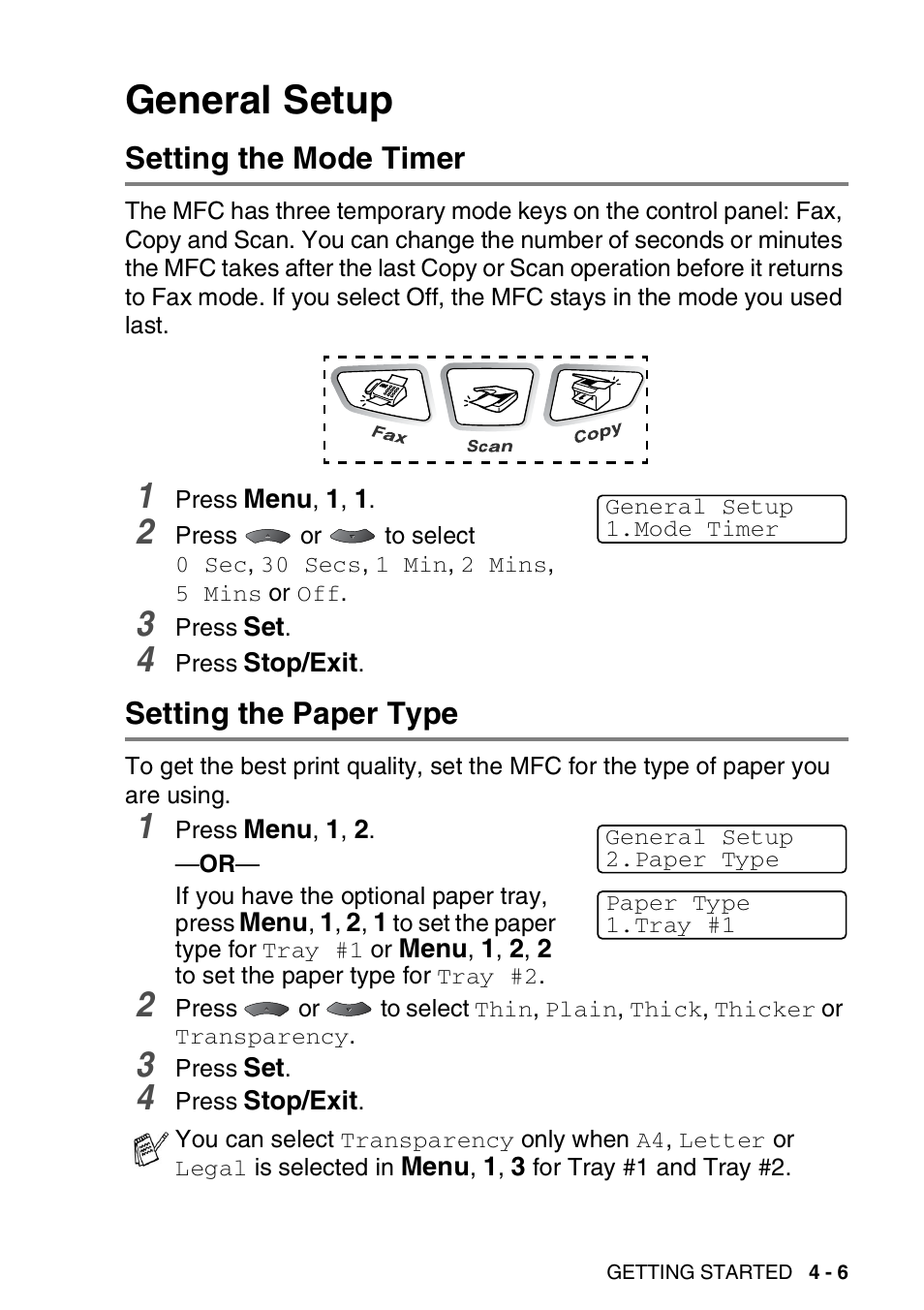General setup, Setting the mode timer, Setting the paper type | General setup -6 | Brother MFC 8220 User Manual | Page 61 / 203