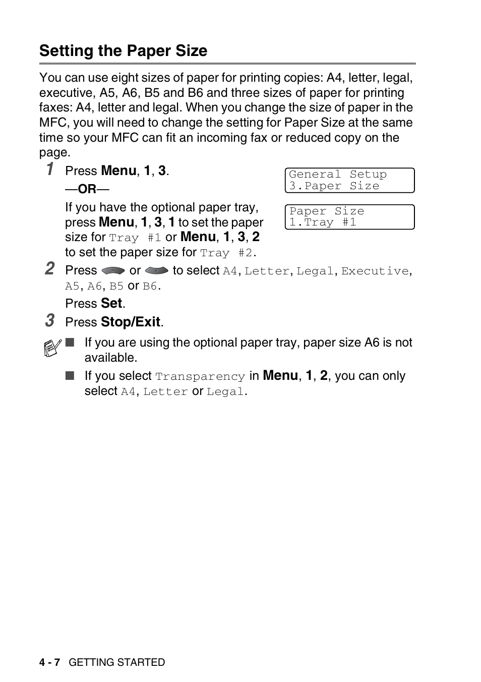 Setting the paper size, Setting the paper size -7 | Brother MFC 8220 User Manual | Page 62 / 203