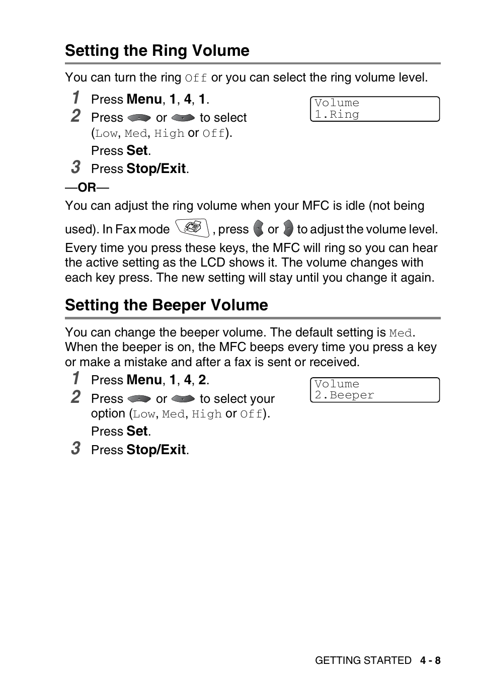 Setting the ring volume, Setting the beeper volume | Brother MFC 8220 User Manual | Page 63 / 203
