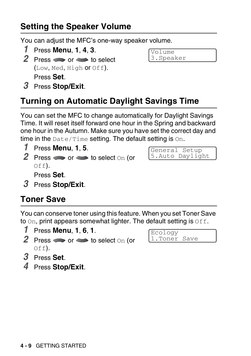 Setting the speaker volume, Turning on automatic daylight savings time, Toner save | Brother MFC 8220 User Manual | Page 64 / 203